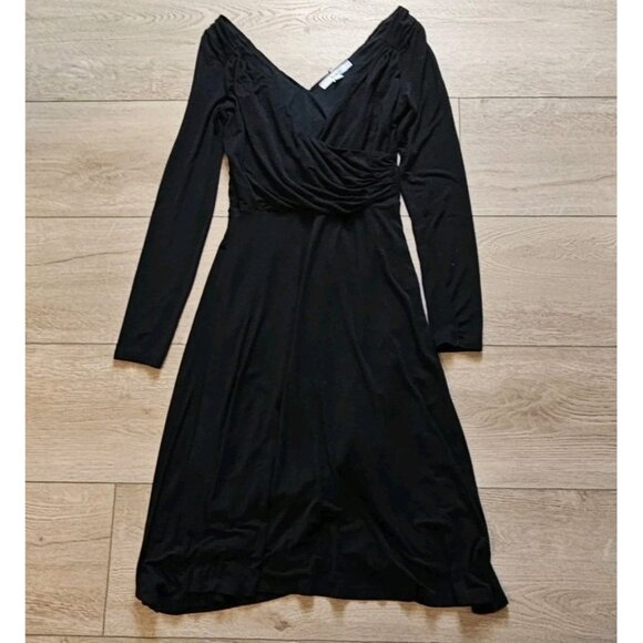 Boden Black V-Neck Wrap-Style Ruched Fit Flare Stretch Jersey Dress Womens US 2 - Picture 1 of 5